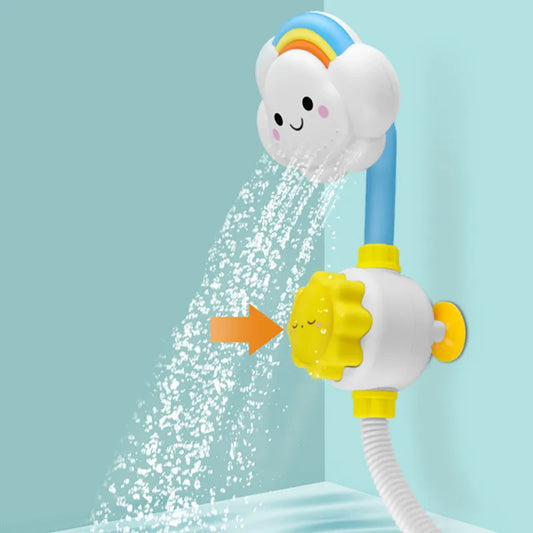 Cloud shower head spraying a wide jet of water, arrow pointing to the yellow sun-shaped control dial