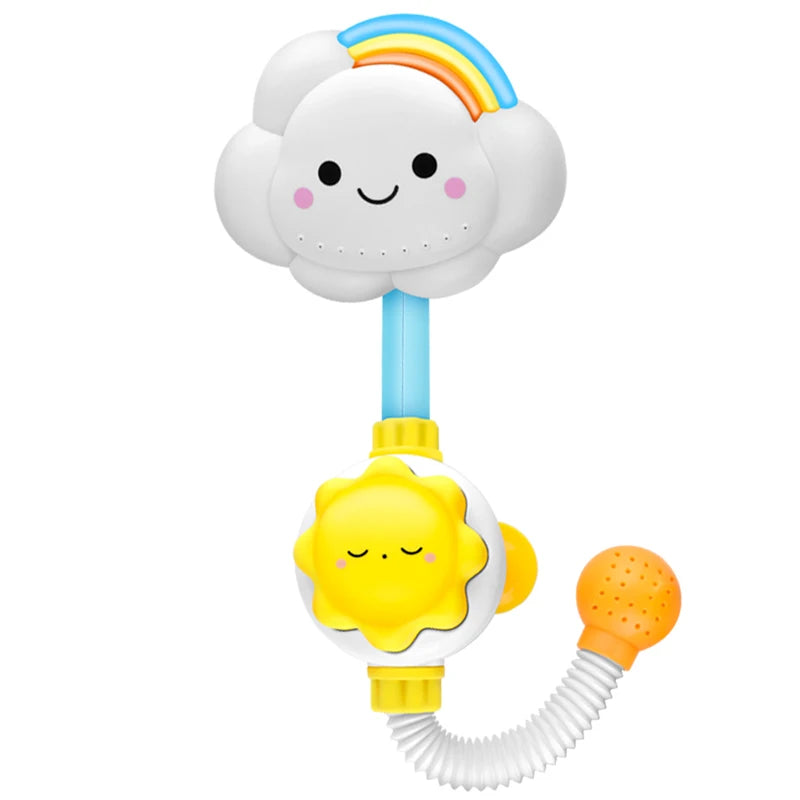 Cloud bath toy on white: rainbow cloud head, blue neck, sun dial, orange sprinkler ball and hose