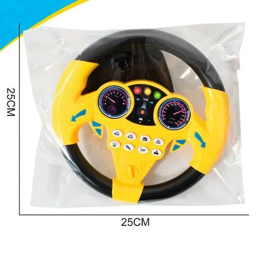 Toy steering wheel with dials and buttons, sealed in a clear plastic packaging bag