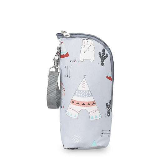 Grey bottle bag with bear, tent and cactus print, side view with zip and grey wrist strap