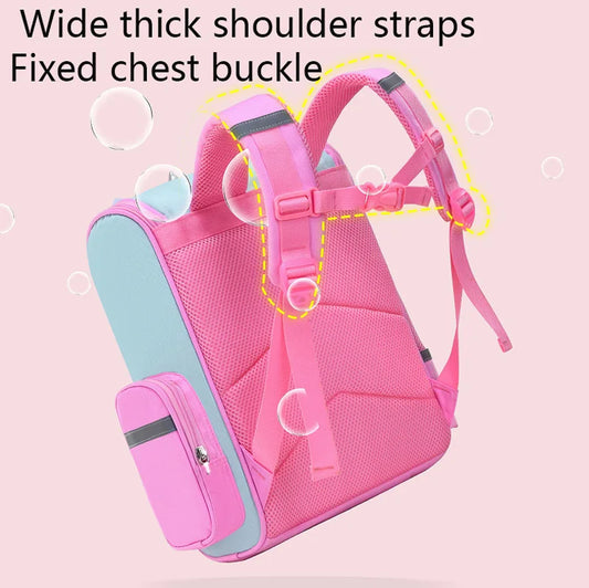 Back of a pink and blue backpack showing padded mesh shoulder straps and an adjustable chest strap